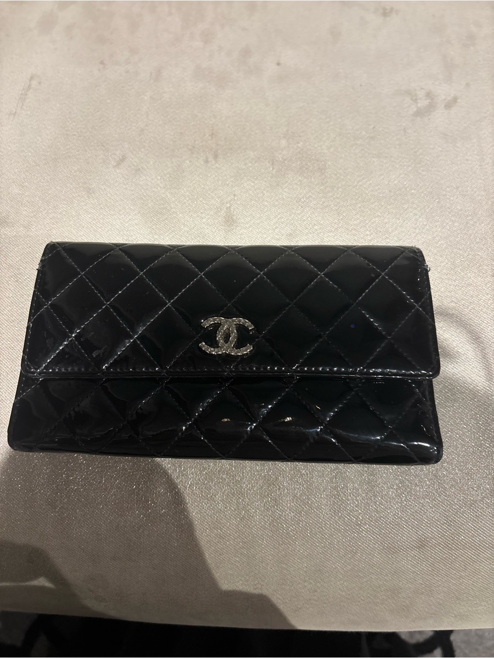 CHANEL Authentic Black Quilted Patent Leather Wallet with CC Logo
